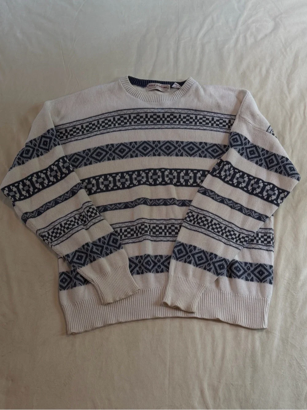 John Ashford White and Navy Crewneck Sweater